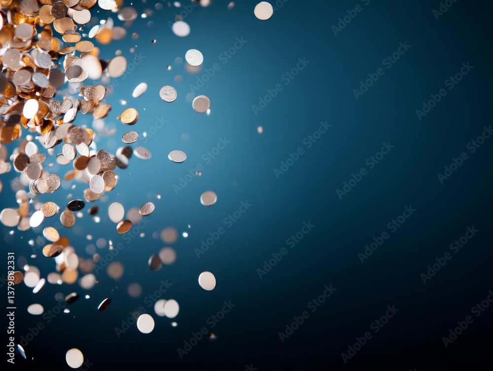 Poster Shimmering coins cascade against a dark blue background, creating a dazzling display of movement and sparkle
