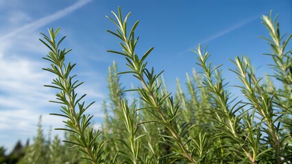 A fresh rosemary plant growing outdoors against a bright blue sky, Perfect for themes related to culinary herbs, organic gardening, medicinal plants, and natural remedies.