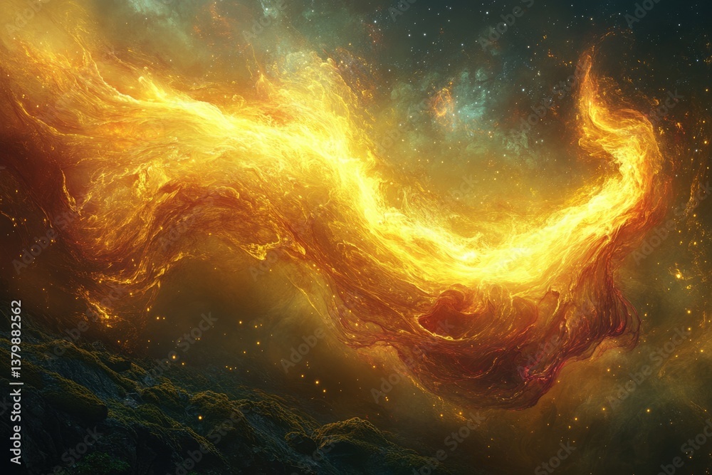Poster a breathtaking image of a fiery nebula swirls dramatically across a star-filled cosmos, displaying l