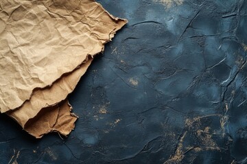 Naklejka premium Wrinkled brown paper on a textured dark blue surface with artistic lighting