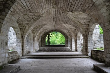 Fototapeta premium Interior of old stone cathedral with arches and light streaming through windows