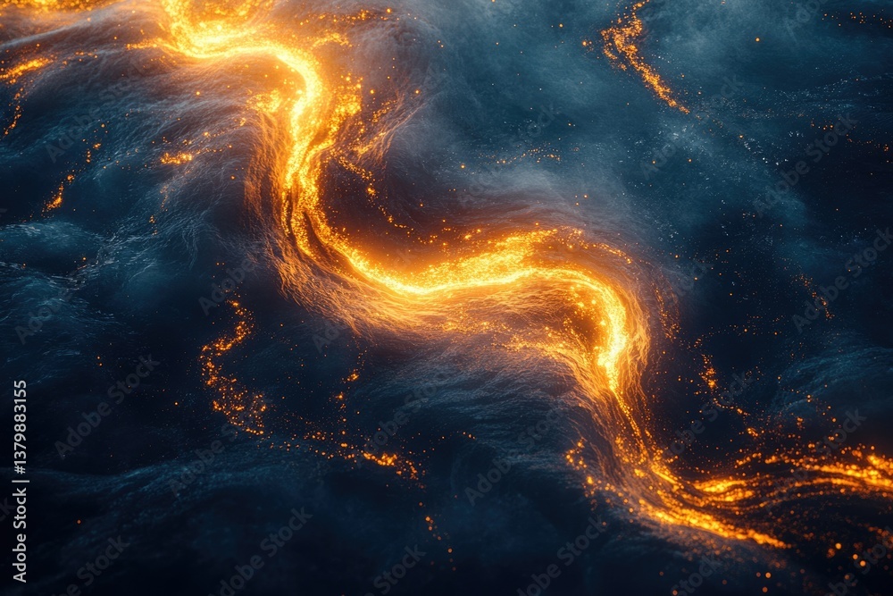 Aufkleber fiery river flows through the darkness, illuminating the undulating landscape with its ethereal gold