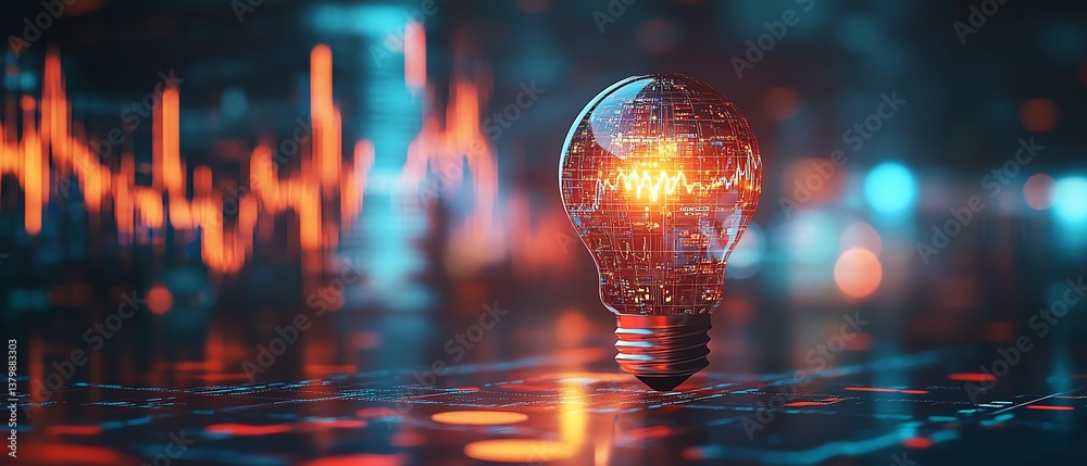 Poster light bulb with a double exposure of stock market charts and graphs inside, symbolizing financial gr
