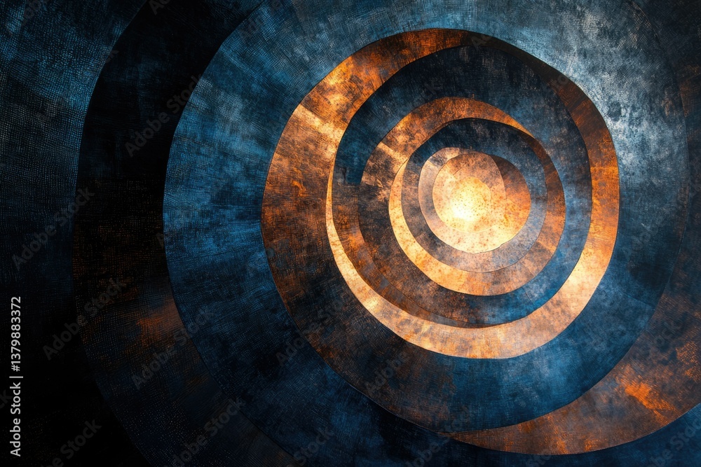 Poster abstract image featuring concentric circles in shades of blue and bronze, with a textured appearance