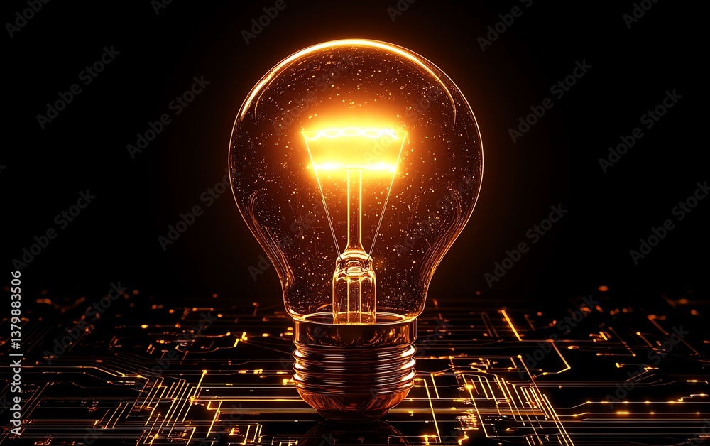 Aufkleber Light bulb with glowing filament, surrounded by a detailed electronic circuit background, symbolizing the power of technology and innovation