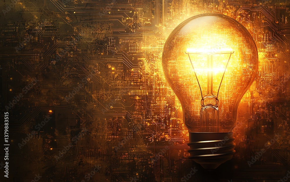 Poster light bulb with glowing filament, surrounded by a detailed electronic circuit background, symbolizin
