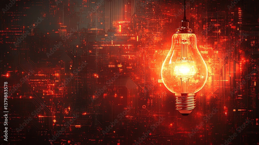 Poster glowing light bulb on the background of a detailed electronic circuit, symbolizing innovation and te