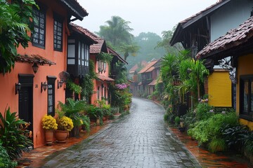 Fototapeta premium Colorful old houses lining a narrow cobblestone street