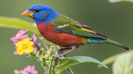 Fototapeta premium Rainbow Perched: Ultra-Detailed Painted Bunting with Neon Feathers Macro