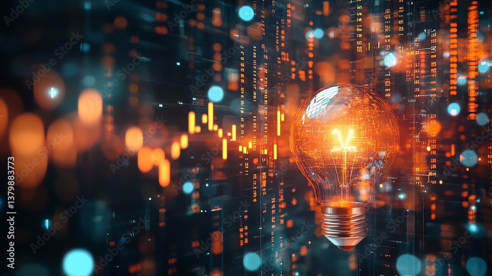 Aufkleber Glowing light bulb with double exposure of stock market data and graphs inside, representing financial growth, investment, and innovation