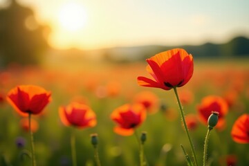 Fototapeta premium Delicate poppy flowers in a field with a warm sun, bloom, field