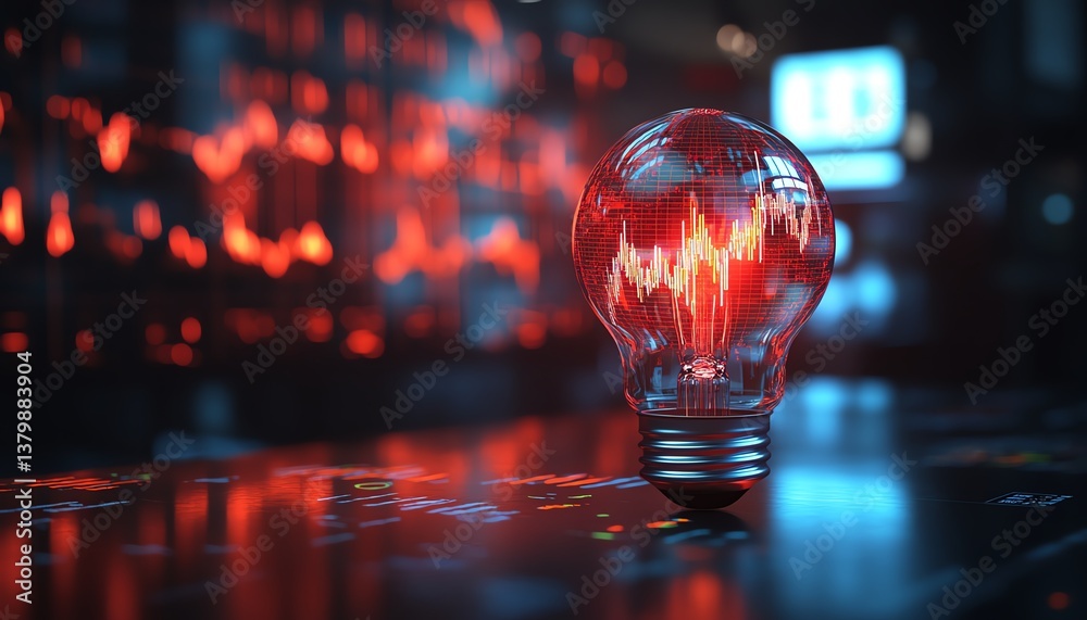 Aufkleber Glowing light bulb with double exposure of stock market data and graphs inside, representing financial growth, investment, and innovation