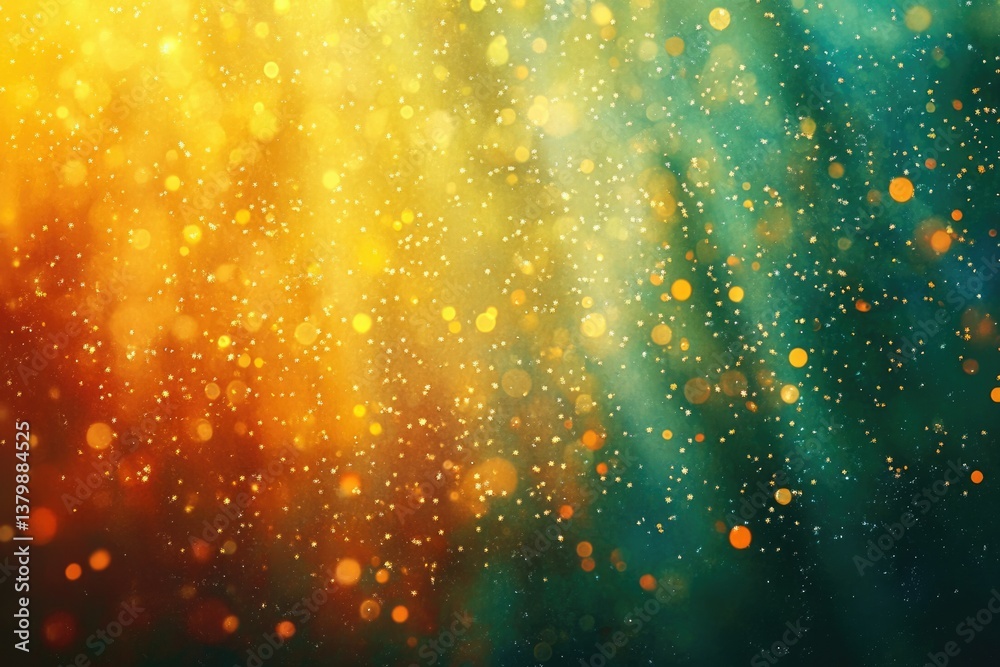 Poster abstract bokeh background with blurred lights transitioning from vibrant gold to deep teal, sprinkle
