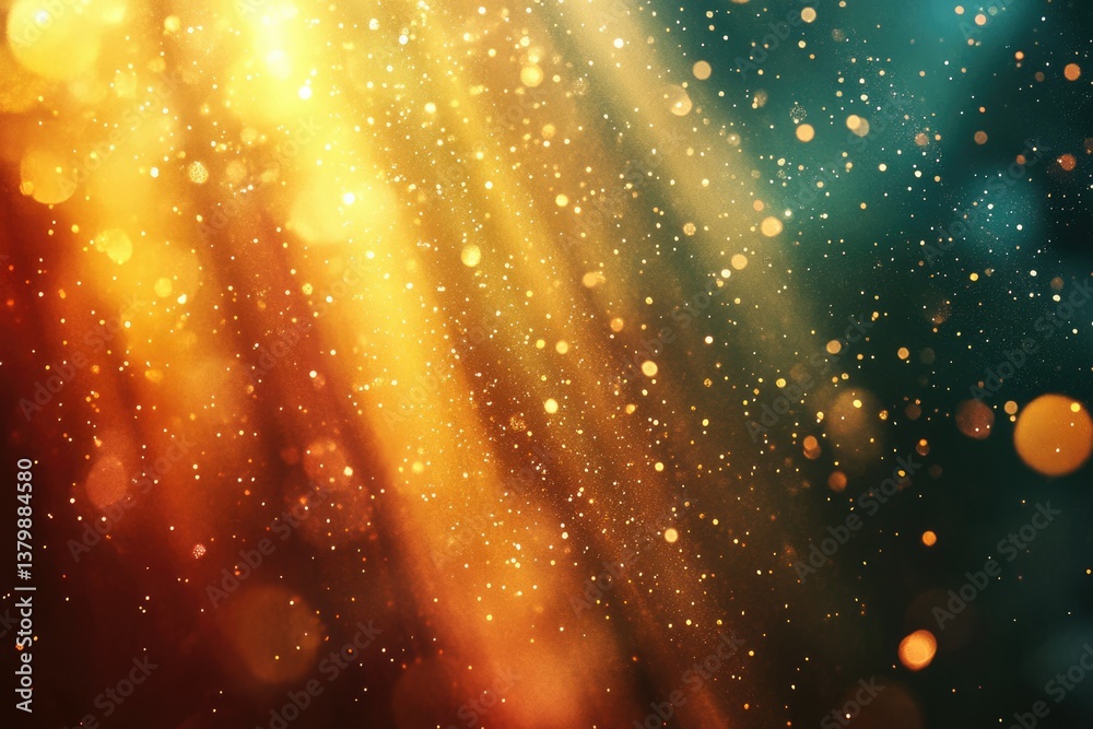 Poster Golden rays with bokeh effects create a dreamy and sparkling texture, transitioning from warm orange to deep teal.