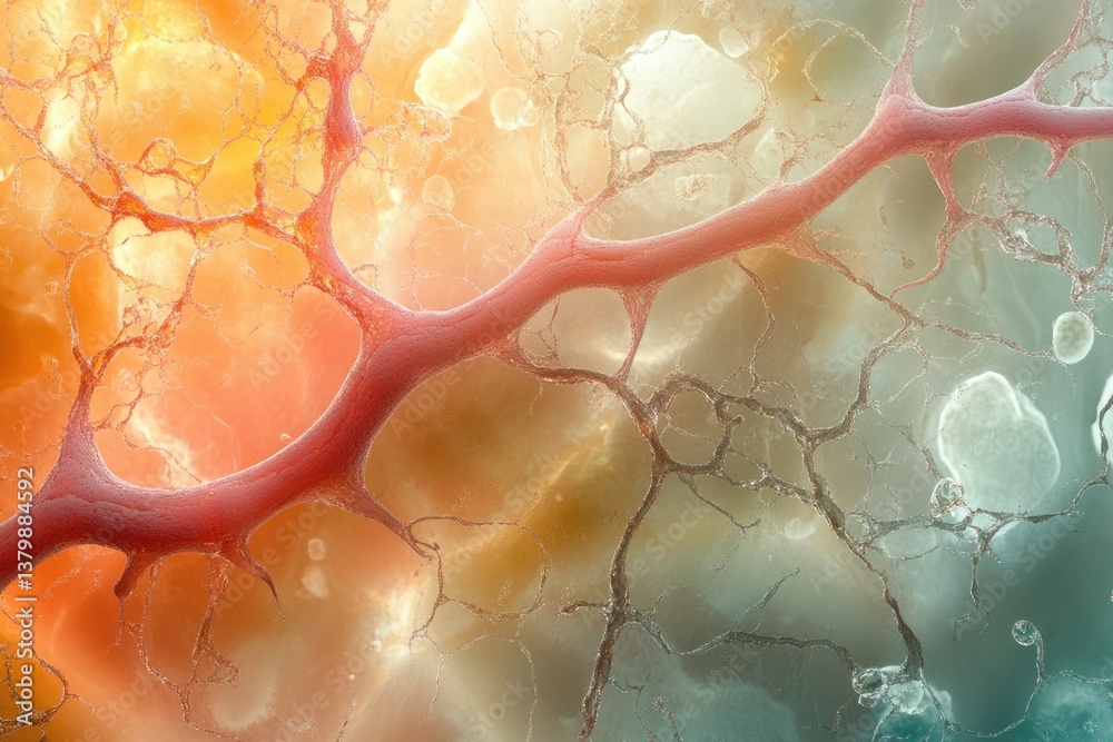 Poster microscopic view showing intricate blood vessels branching through tissues with orange, green, and w