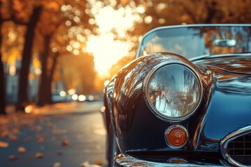 Vintage car parked under autumn trees with warm sunlight