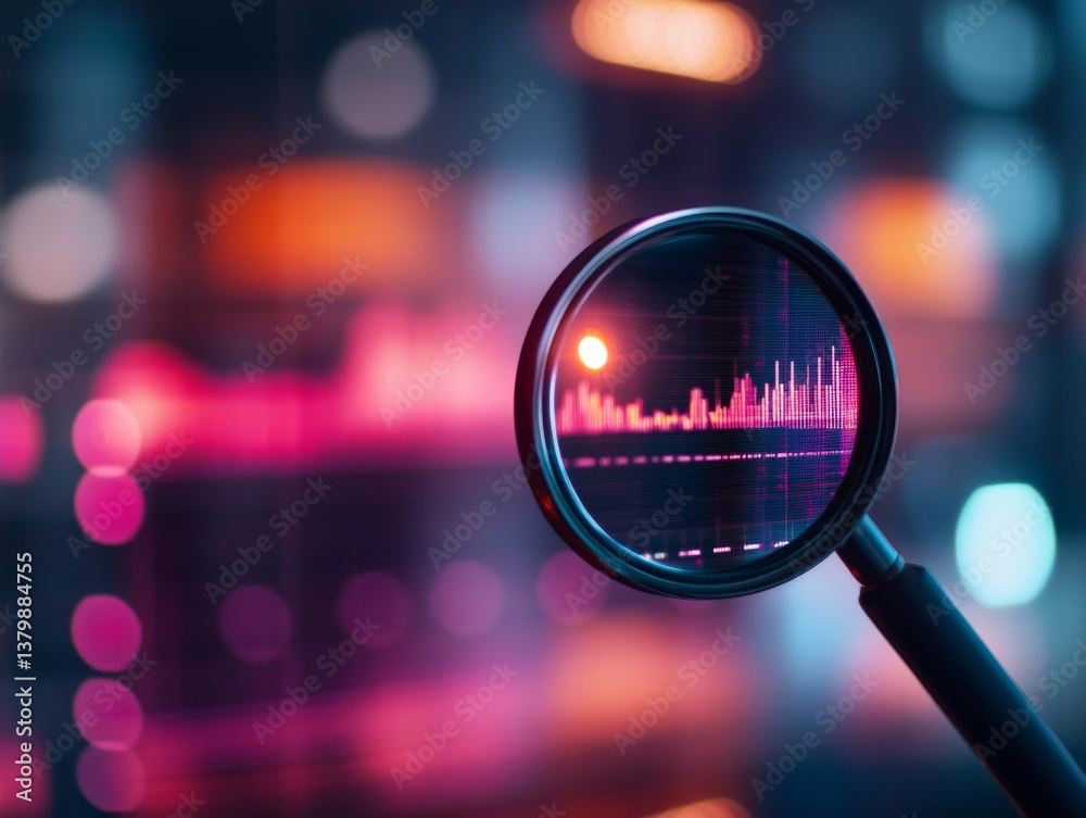 Aufkleber magnifying glass reveals colorful data visualization in a modern technological environment at sunset