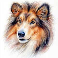 Dog Breed Collie. Illustration of Cute Shetland Sheepdog Drawn with Multicolored Pencils on White Paper