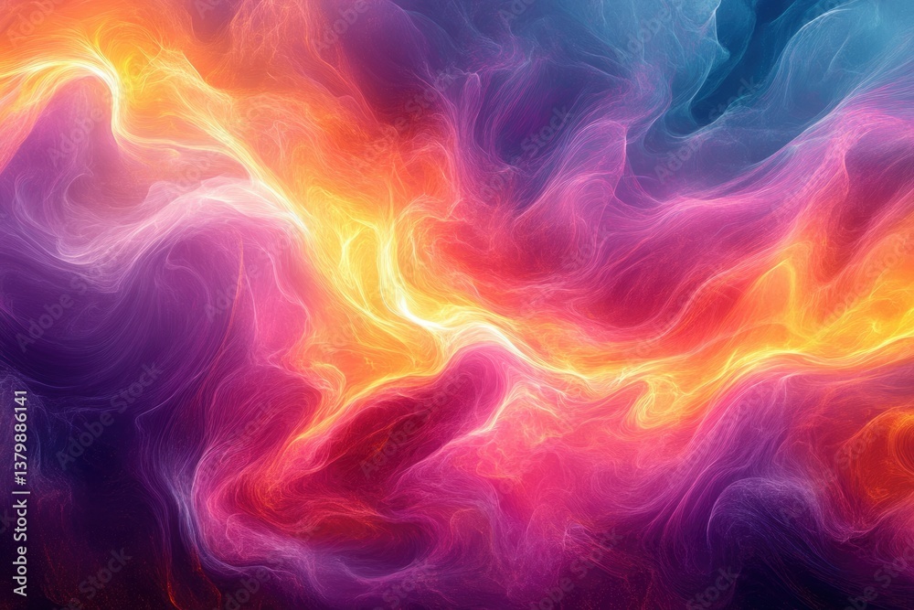 Poster a vibrant, ethereal image showcasing swirling patterns of luminous pink, orange, yellow, and blue, c