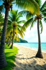 Fototapeta premium Blur nature bokeh green park by beach and tropical coconut trees, nature, vegetation