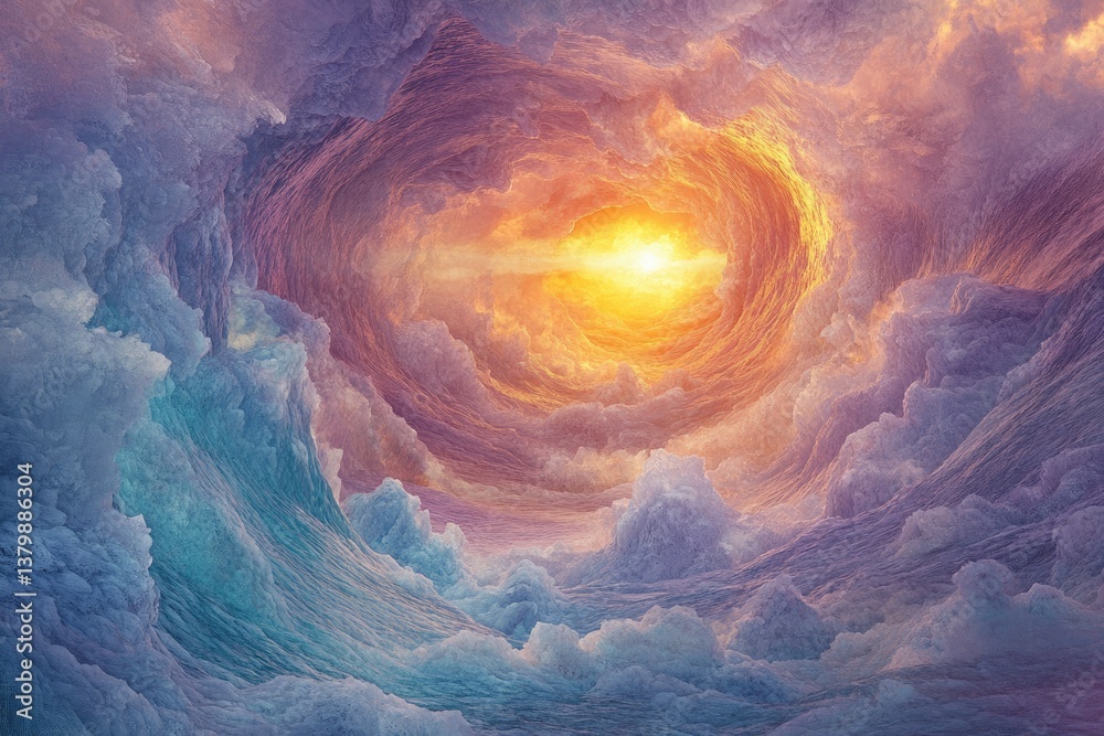 Poster Dreamy clouds swirling around a radiant sun, creating a mesmerizing vortex of color and light, resembling waves and sky.