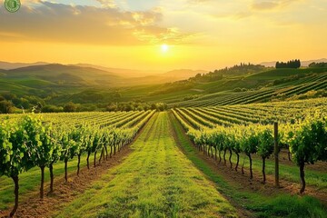 Naklejka premium Green vineyard rows at golden sunset with warm sky and hills