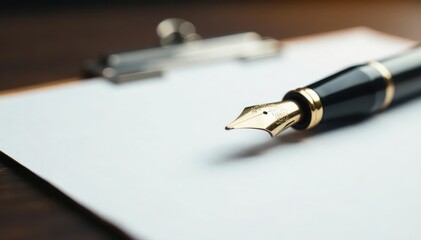 Elegant fountain pen poised above pristine white paper , office, white background