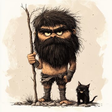 Dumbass Cartoon: Friendly Cave Man with a Brutal Cat in Ancient Africa