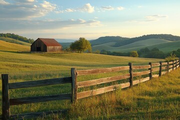 Peaceful countryside landscape with wide open fields and mountains in distance