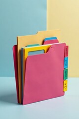 Folder with colorful tabs and icons on the outside, minimalist style, organization
