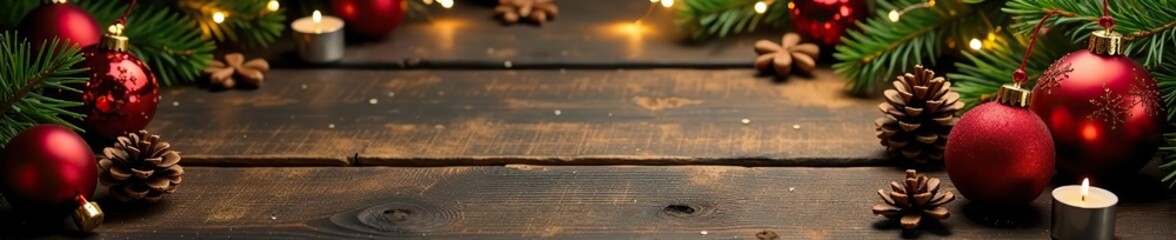 Christmas holiday background with empty wooden table surrounded by festive decorations such as ornaments, pine cones, candles, and twinkling lights,  flat lay, Christmas