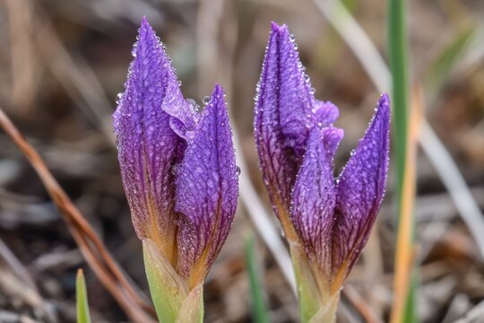 Dwarf Crested Iris Close-up: Spring Raindrops on Purple Flower Bud