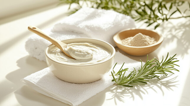 Preparing white clay mask with powder and rosemary on towel