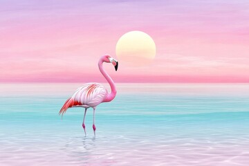 Fototapeta premium A minimalist illustration of a flamingo standing in clear Florida waters with a soft gradient sunset