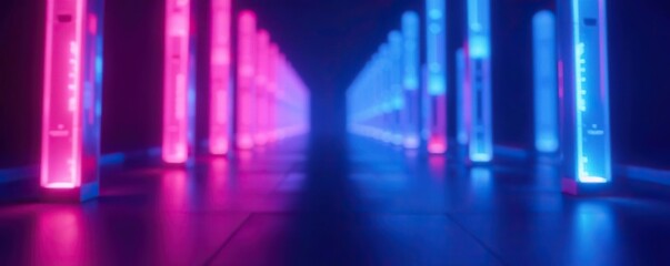 Obraz premium Blue and pink neon lights creating an abstract seamless background with a depth of field effect, depth of field, pink