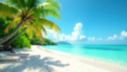 Blurred beach background with palm trees, blue sky, summer vacation banner,  travel,  blue sky