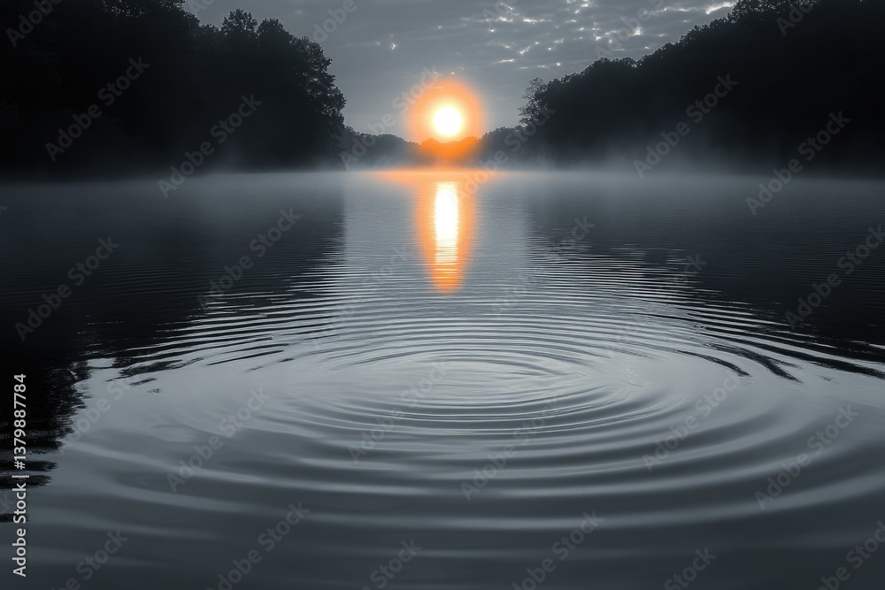 Poster a serene lake reflects the rising sun, creating ripples and a tranquil, foggy atmosphere surrounded 