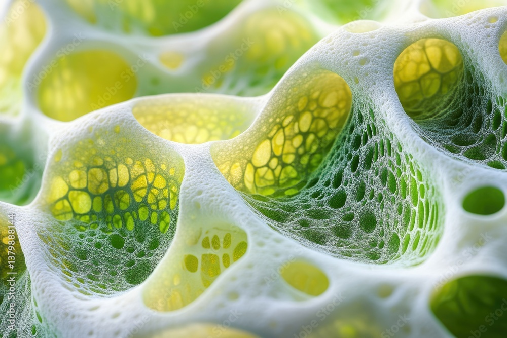 Poster Close-up of green and yellow honeycomb structure encapsulated by a delicate white foam or web-like substance.