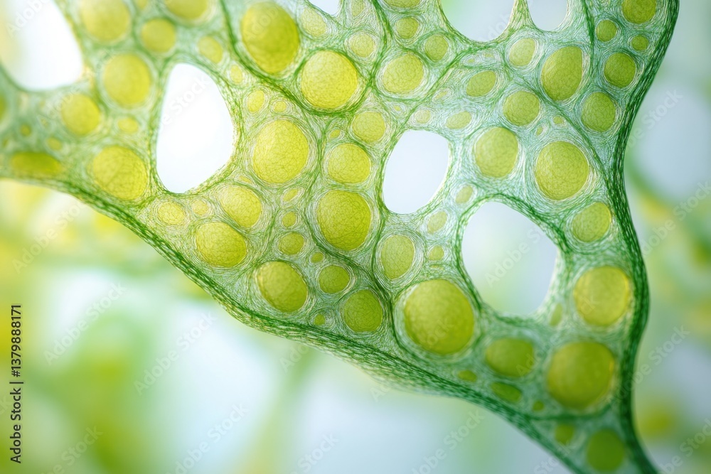 Poster A close-up view of green, spherical cells interconnected by a web-like structure, creating an abstract, organic pattern.