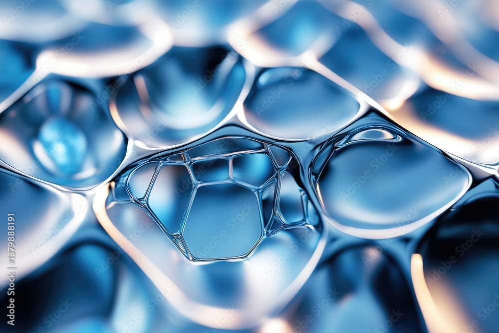 Poster A microscopic view of a honeycomb-like structure filled with a blue fluid, creating a network of connected cells or bubbles.