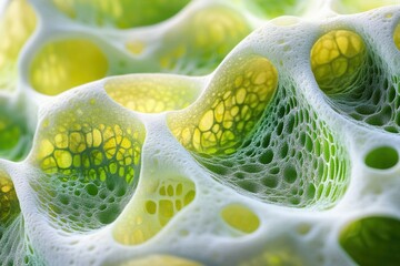 Obraz premium Close-up of green and yellow honeycomb structure encapsulated by a delicate white foam or web-like substance.