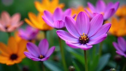 Close up of vibrant violet and yellow flowers in full bloom in a garden,  garden,  plants