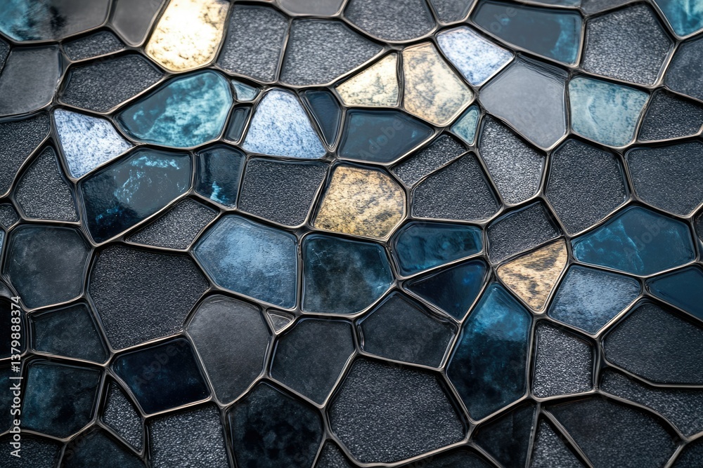 Poster a close-up of a textured stone mosaic with a blue, gray and gold color palette.