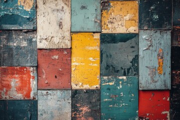 Colorful grunge painted wooden squares forming an abstract pattern