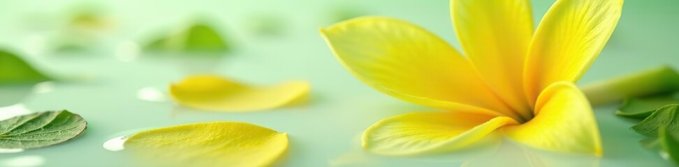 Obraz premium Close-up of vibrant yellow and green flowers and petals floating gracefully in milky water, floating, petals