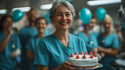 A happy senior nurse smiling while holding a birthday cake, celebrating with joy and warmth in a hospital setting.
