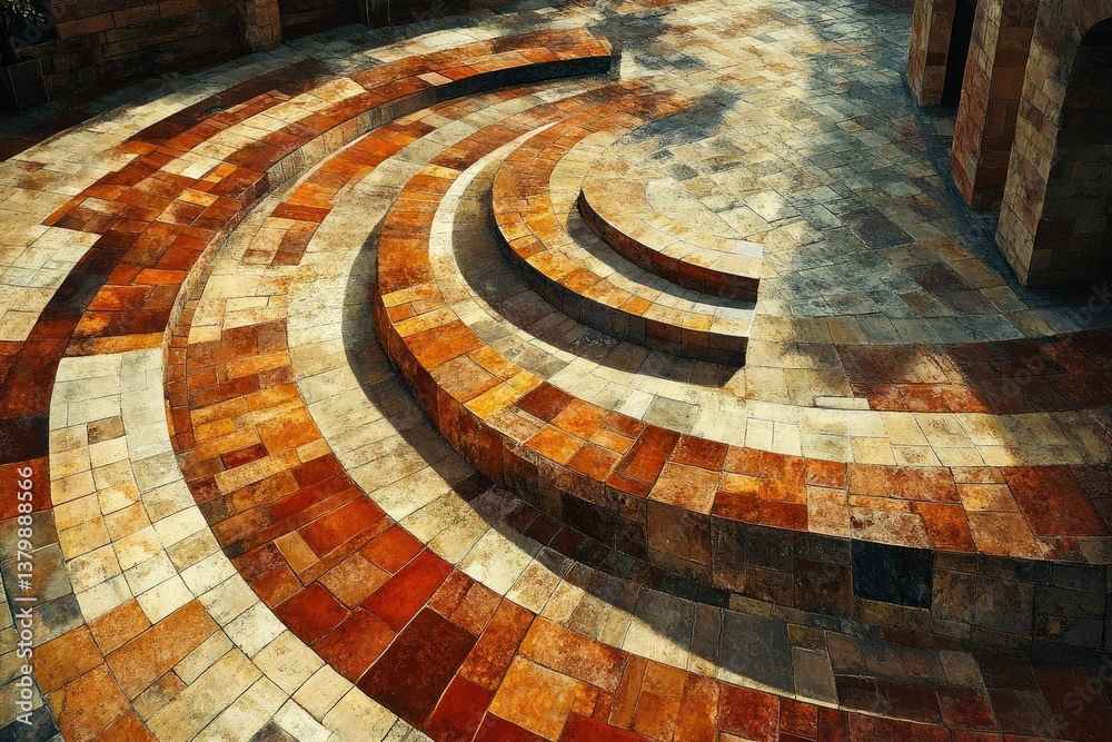 Aufkleber Curved brick steps in a semi-circle pattern, showcasing earth-toned shades and creating a visually appealing architectural design.