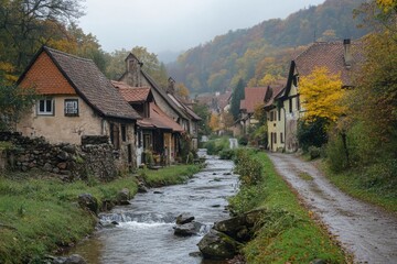 Charming stream with stone houses on hillside in autumn colors