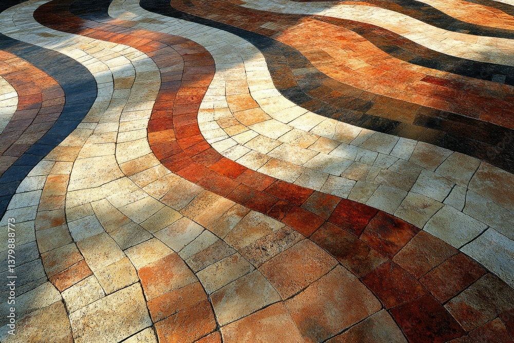 Aufkleber A textured pavement with different colored tiles laid in a wavy pattern creating a visually striking design.