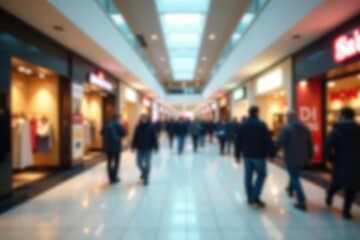 Blurry background of a crowded shopping mall with various stores and bright lights,  display,  blur